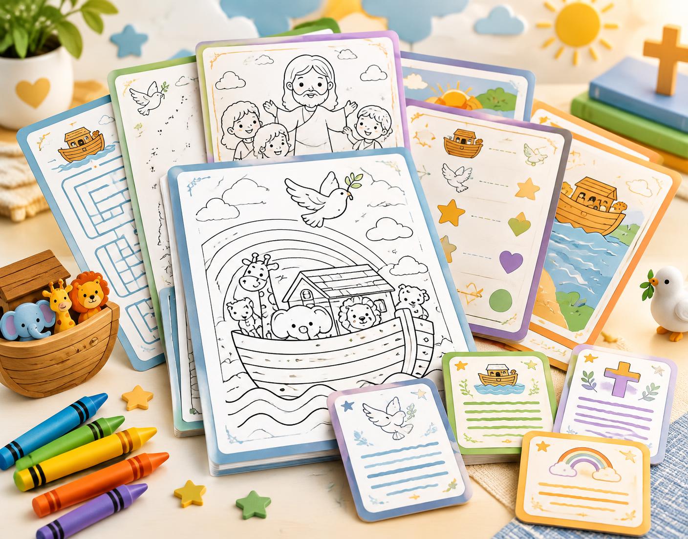 Mockup ilustrativo das atividades bíblicas infantis para imprimir